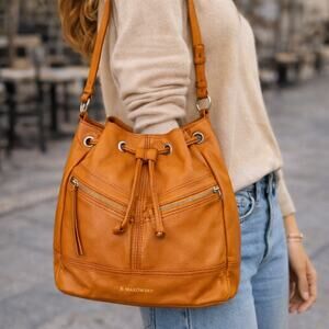 B Makowsky Genuine Leather Bucket Bag Orange Drawstring Shoulder Hobo Purse